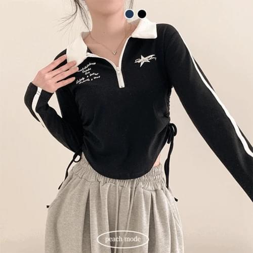 Relfer Cara Color Block Track Side Shirring Crop Half Zip Long Sleeve T-Shirt