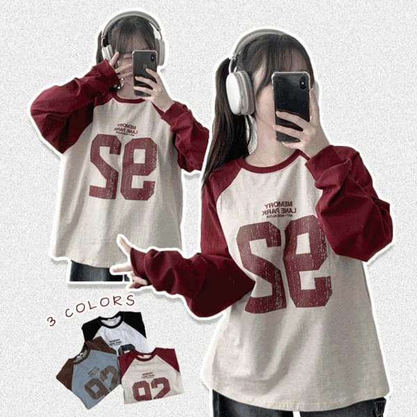 One Nagrang Big Lettering Crack Round Neck Color Block Long Sleeve T-Shirt
