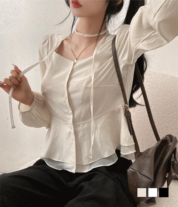 Lian Frill Double Hem Square Neck Scarf Muffler Puff Long Sleeve Blouse