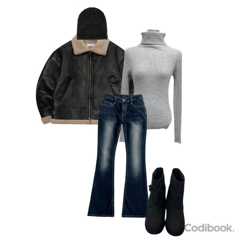 byclothes 웨스트 앵클 부츠,MUCENT CHIVE LEATHER WAPEN MUSTANG JACKET UNISEX (2COLOR) 카이브 레더 와펜 무스탕 자켓 남녀공용 (2컬러),secon'de secon 커스터드 목폴라 골지 knit등을 매치한 코디