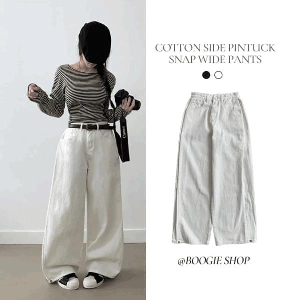 Side pin tuck lebon high waist side pin tuck hem button cotton wide pants
