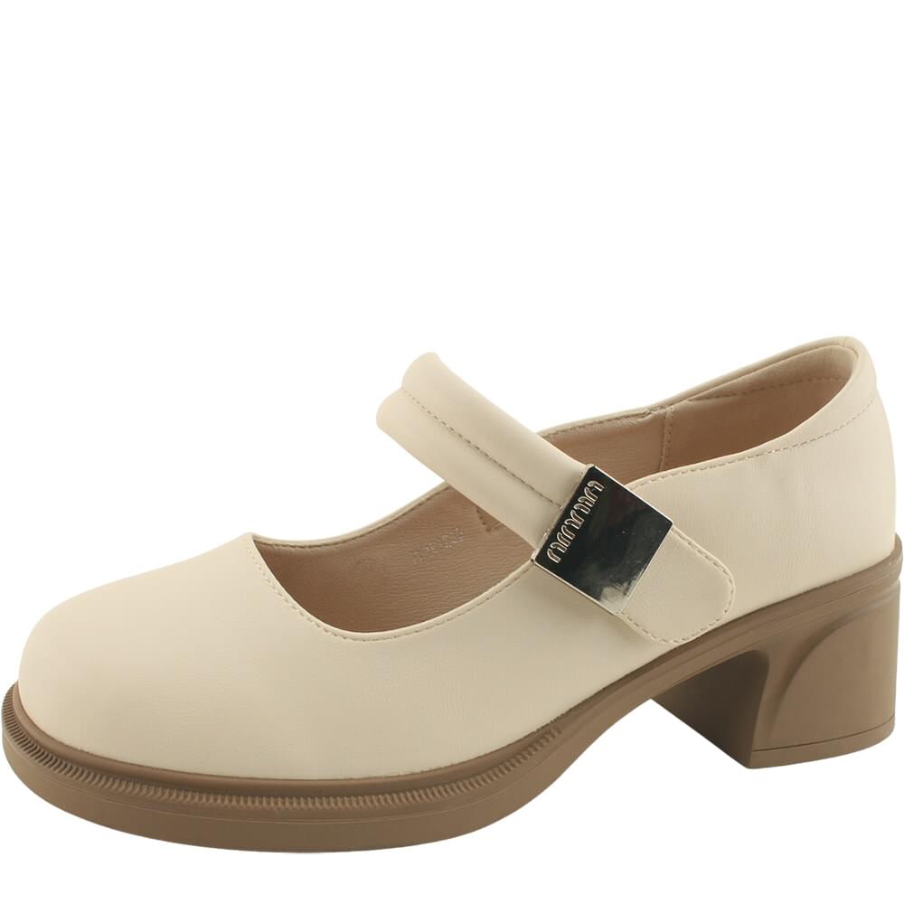 Round toe volume mary jane high heel mid heel 5cm beige