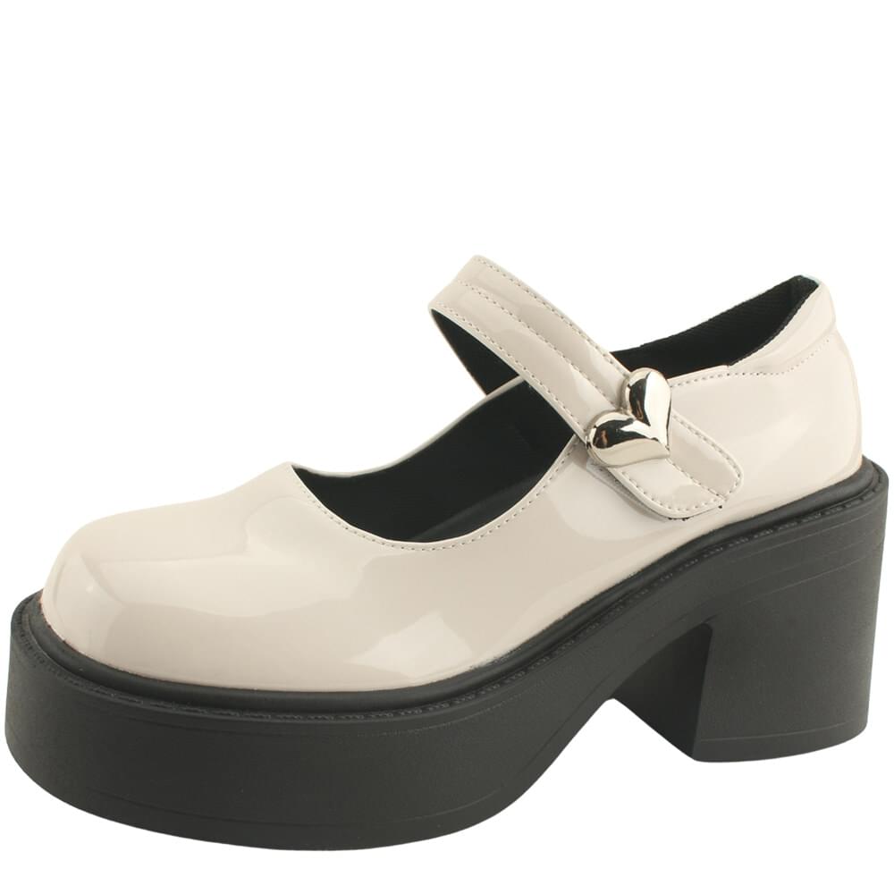 Enamel Heart Mary Jane High Heel Shoes Beige