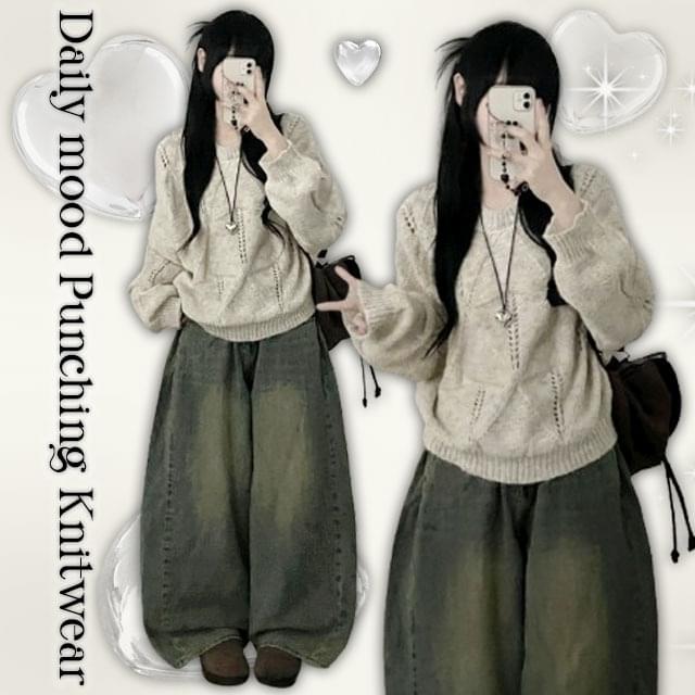 Spring New Arrival*David Punching Bocashi Balloon Fit Long Sleeve Knitwear