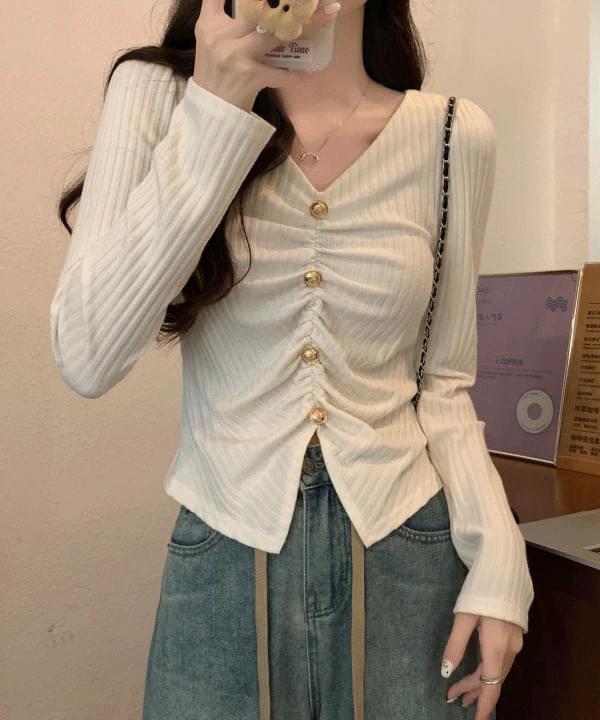 Edent Gold Button Shirring Knitwear Top