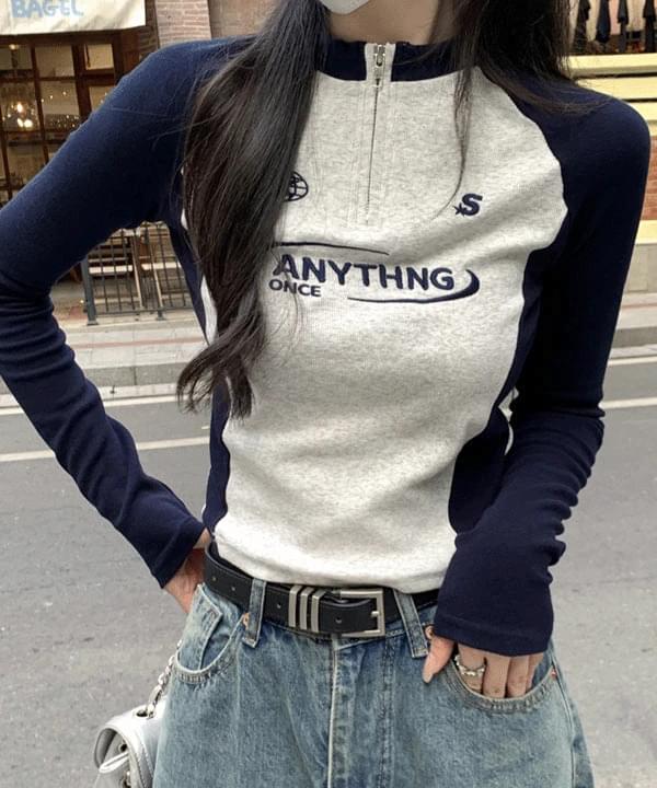 Raphio color blocking half zip-up slim t-shirt