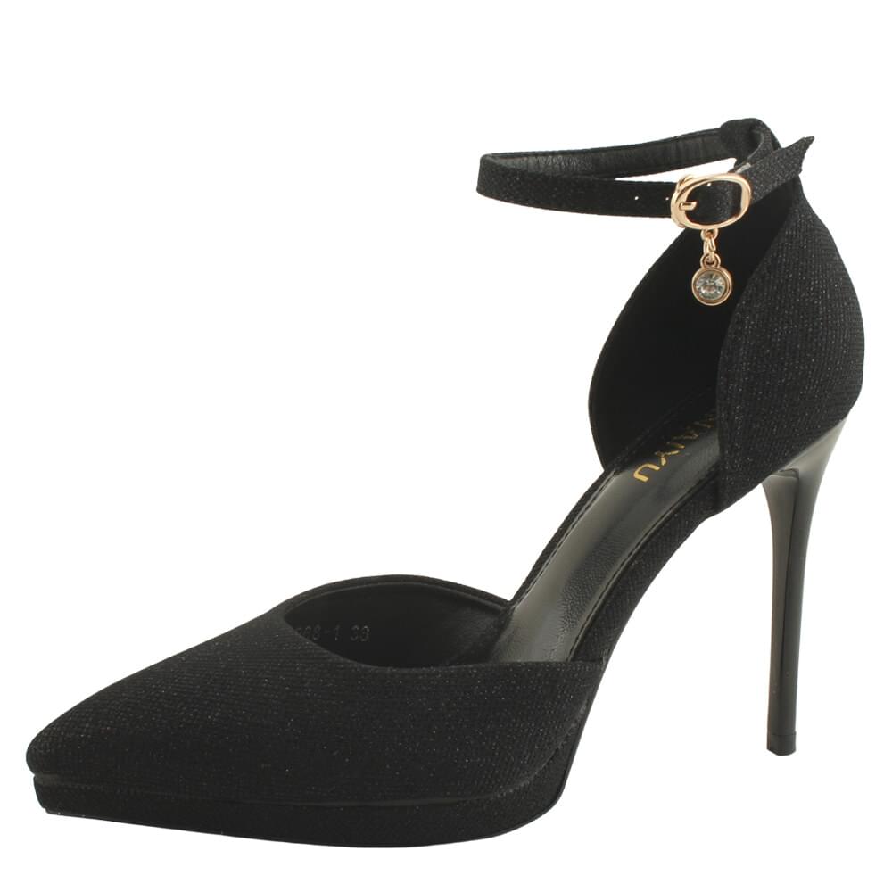 Glitter Pearl Ankle Strap Stiletto High Heel Black