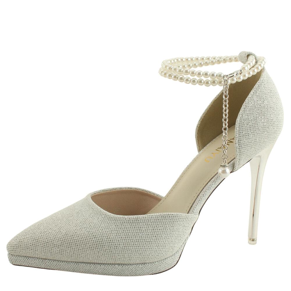 Pearl Strap Gaboshi Strap Stiletto High Heel Silver