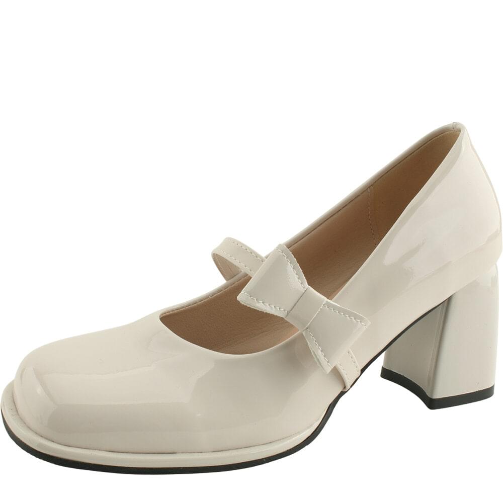 Enamel Ribbon Mary Jane Mid Heel Shoes 7cm Beige