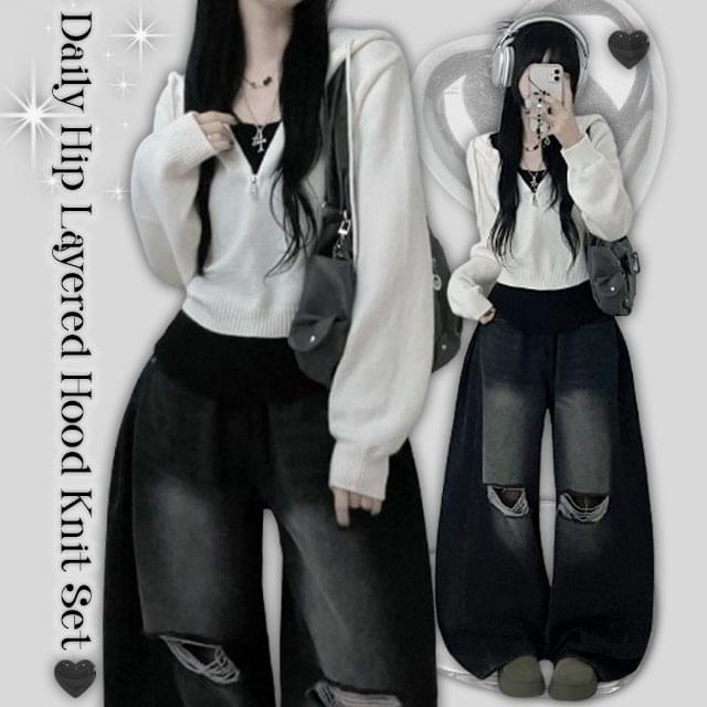 Landvan Zip-Up Crop Hood Knitwear + Ribbed Knit Sleeveless Set