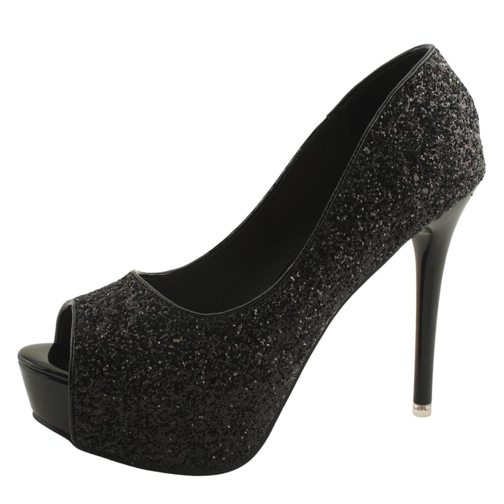 Glitter open toe stiletto heel pumps 12cm black