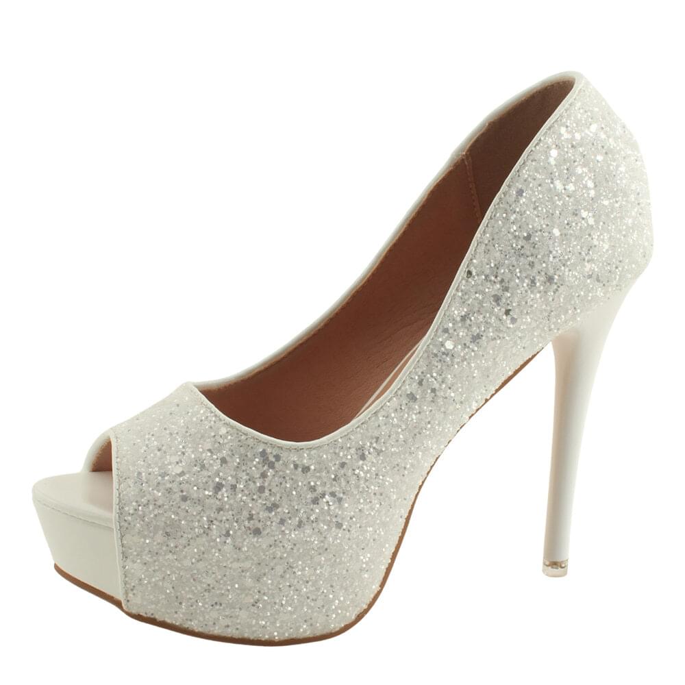 Glitter open toe stiletto heel pumps 12cm white