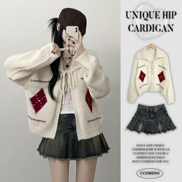 Havedia pattern big collar ribbon open knitwear cardigan