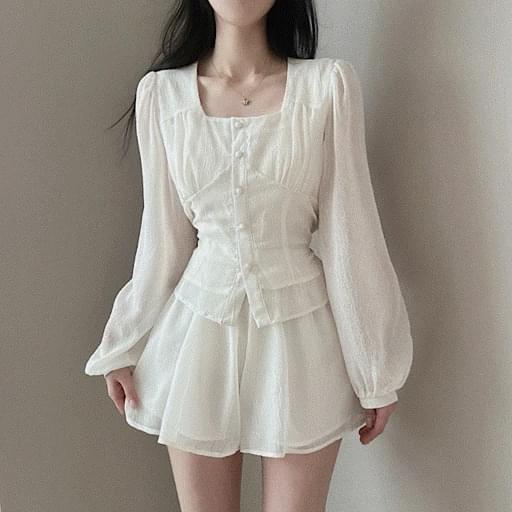 Waistband square neck see-through blouse flare mini skirt two-piece set 3 colors