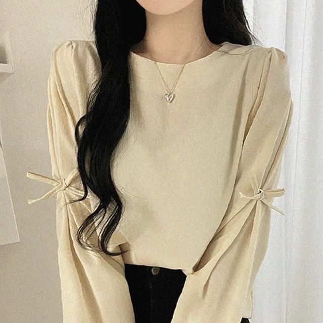 Cute Ribbon Sleeve Puff Shirring Long Sleeve Blouse 4 Colors