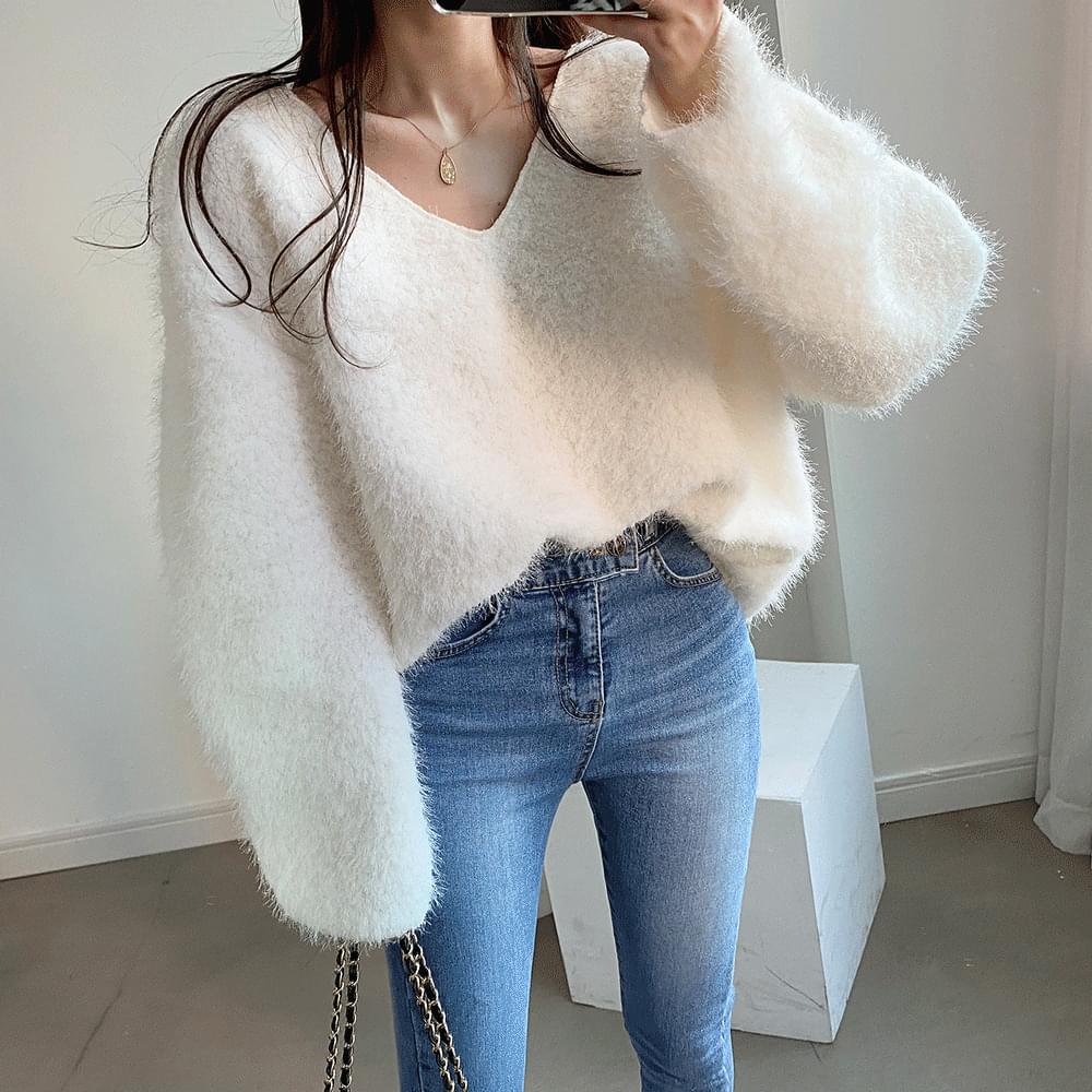5color Cotton Candy V-neck Box Knitwear / Light Purple