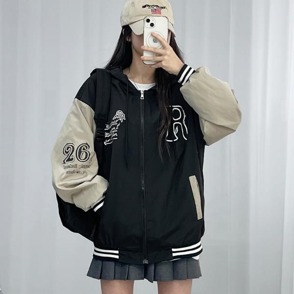 Spring new number color blocking hooded baseball Jacket