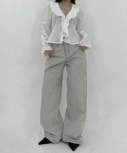 F Cotton Daily Gray Faded Over Wide Pants