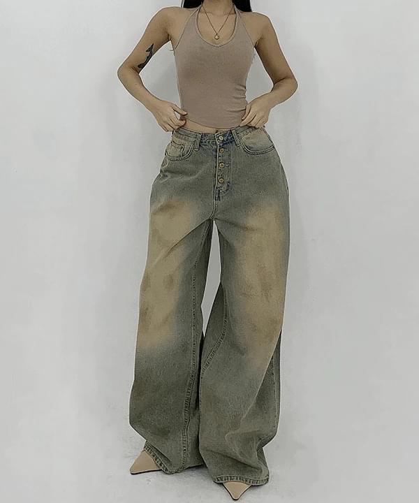 Hidden Unique Button Unique Dirty Faded Overfit Maxi Denim Wide Pants
