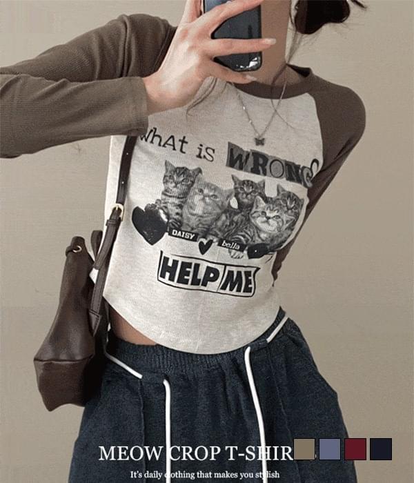 Meow cat print hem roll color blocking nagrang crop long sleeve t-shirt