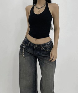 If Basic Ribbed Loop Ribbon Crop Sleeveless Halter Neck Sleeveless Top