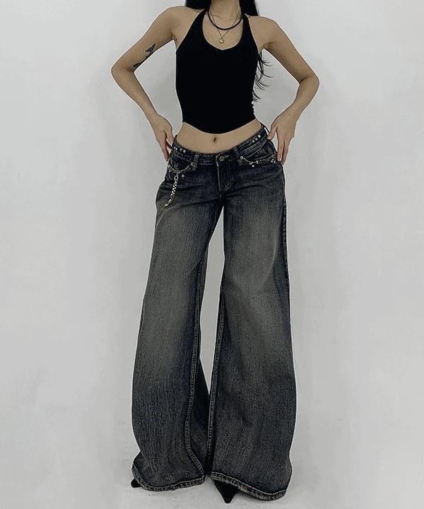 Ethnic bead key ring low rise maxi denim Flared wide pants