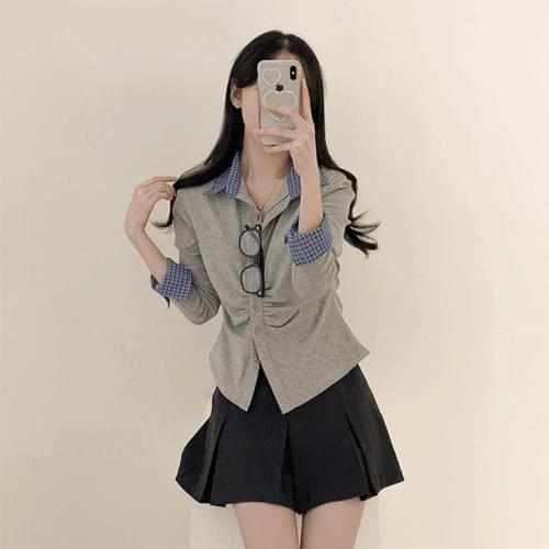 Poston Fake Layered Shirring Button Long Sleeve Shirt Cardigan