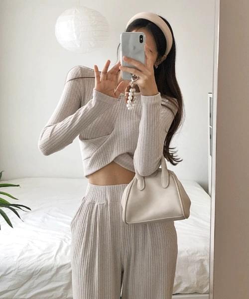 Eyespu Ribbed Shirring Crop Top Banding Wide Pants Set