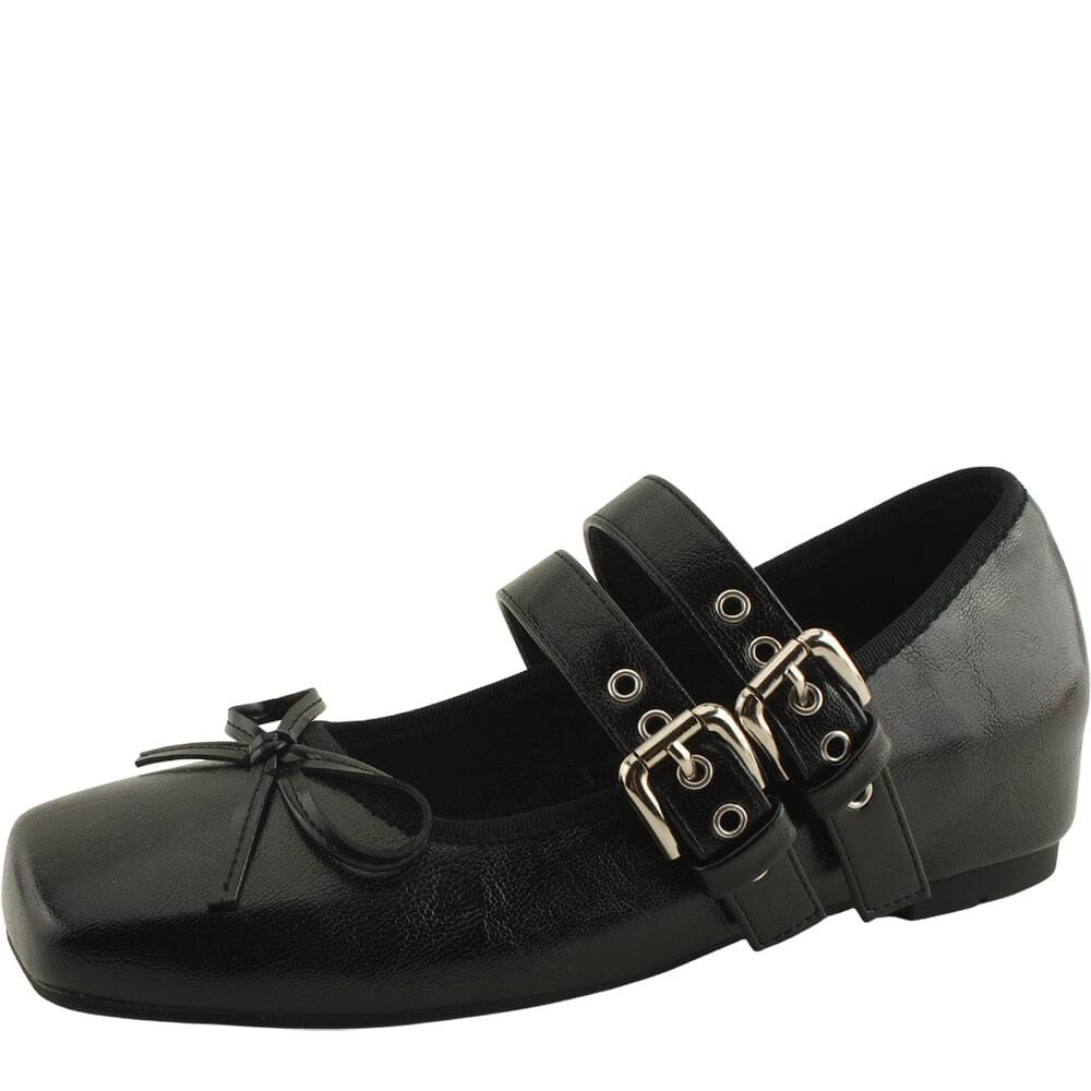 Cowhide Ribbon Stud Mary Jane Height Increasing Flat Shoes 5cm Black