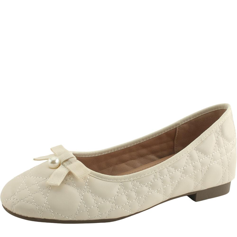 Height Increased Heel Quilted Pearl Ribbon Flat Shoes Beige