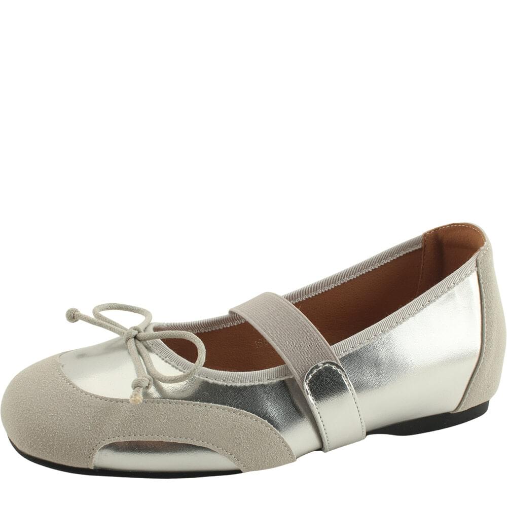 Height Increased Heel Ribbon Banding Two-Tone Flat Shoes Silver