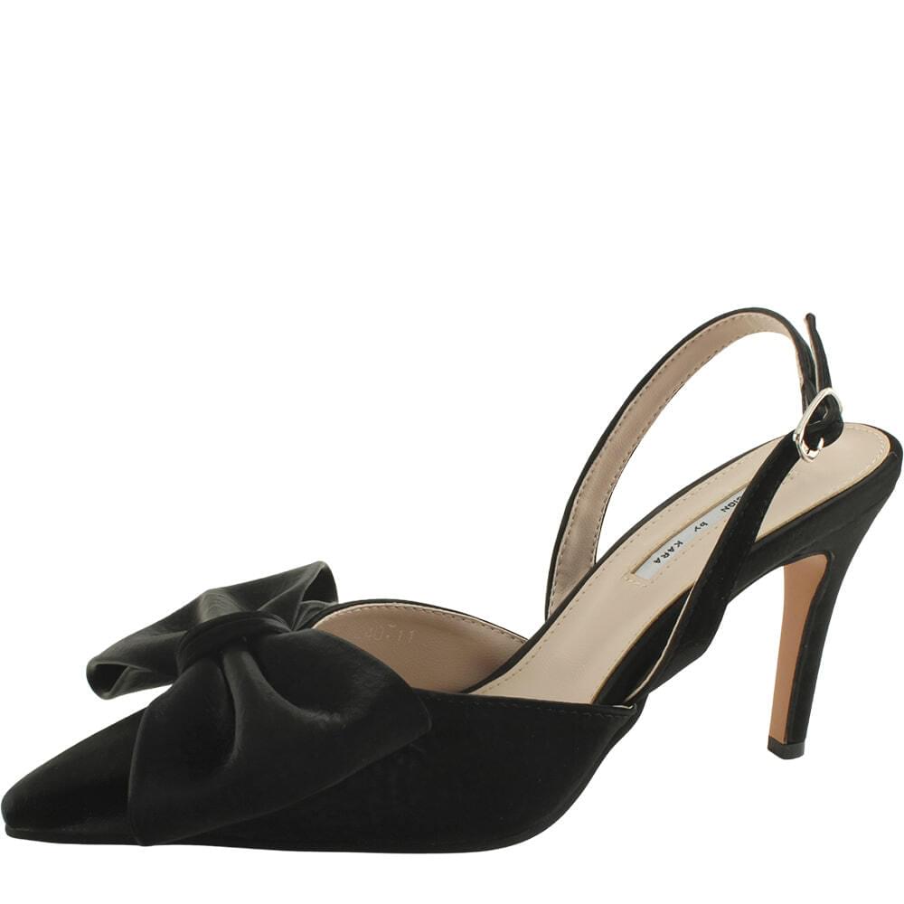 Shirring stiletto ribbon slingback high heel 9cm black