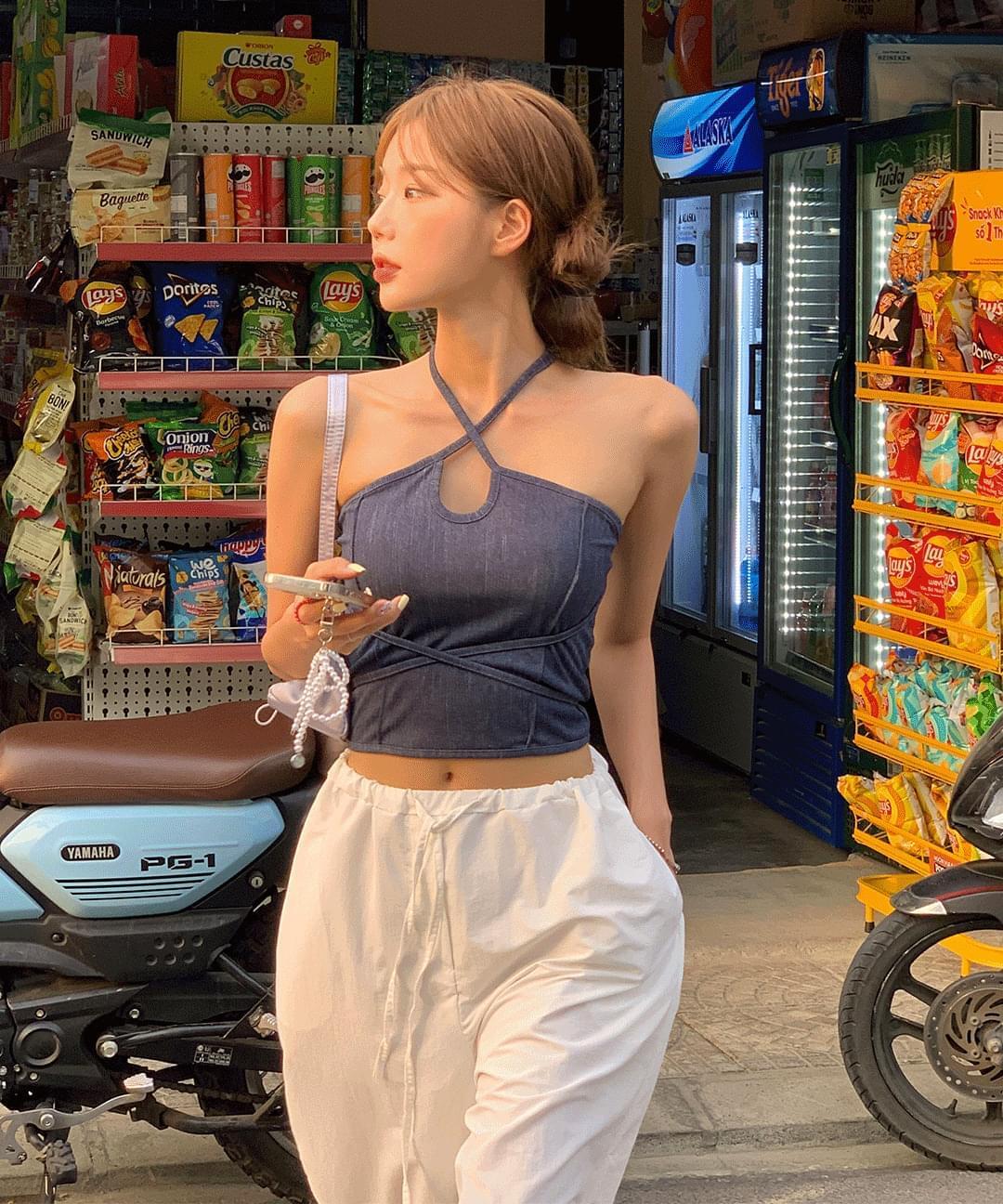 Dio Beachwear Strap Halterneck Backless Resort Water Bomb Denim Top Strap Sleeveless Top (Ships Today)