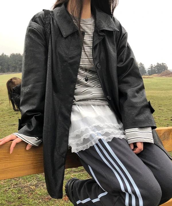 Lafty Strap Loose-fit Half Leather Jacket -2color