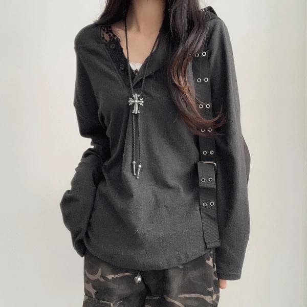 Lace Button Henley Neck Hooded T-Shirt 3 Colors