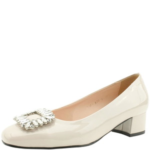 Cubic bead enamel mid heel pumps 4cm beige