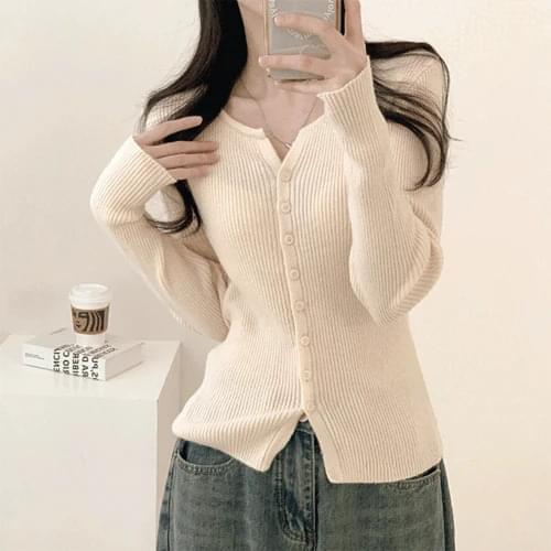 Horua Round Neck Semi-Crop Ribbed Knitwear Long Sleeve Cardigan