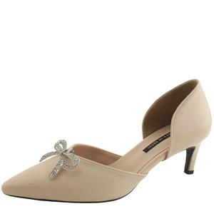Cubic Ribbon Side Open Stiletto Heel Middle Heel 6cm Beige