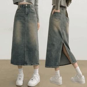 니켈 하이웨스트 워싱 데님 뒷트임 롱 스커트 (간절기템)
