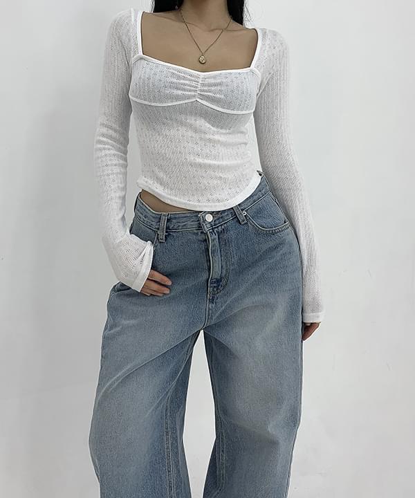 Shirring Layered Jacquard Slim Square Neck Rolled Crop Long Sleeve T-Shirt Top