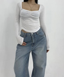 Shirring Layered Jacquard Slim Square Neck Rolled Crop Long Sleeve T-Shirt Top