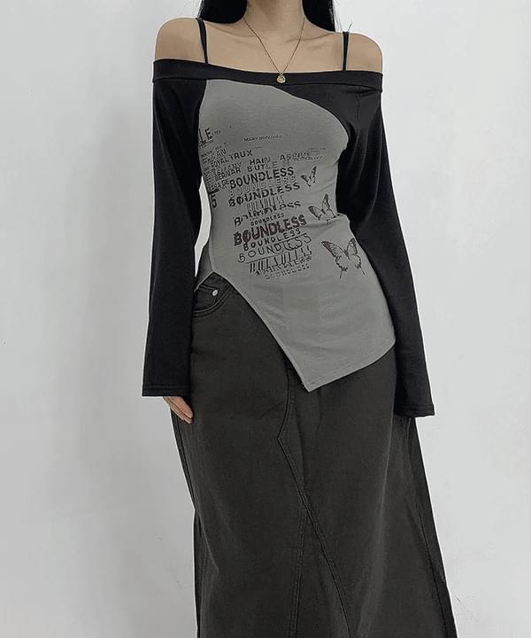 Gift Unique Slim Color Block Off Shoulder Team Unbalanced Long Sleeve T-Shirt Top