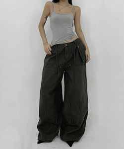 Street Overfit String Khaki Pocket Unique Balloon Wide Pants