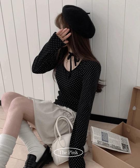 Shorty Slim Fit Unneck Ribbon Dot Long Sleeve T-shirt