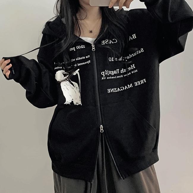 Tather overfit two-way printing hooded zip-up