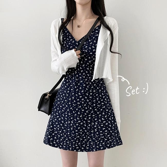 Tirin flower printing sleeveless mini Dress + punching frill cardigan set 短裙