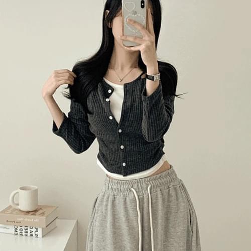 Fever unique side Ribbed semi-crop layered cardigan