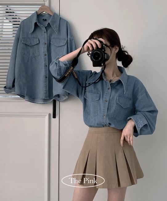 Cheming Loose-fit collared denim pocket shirt