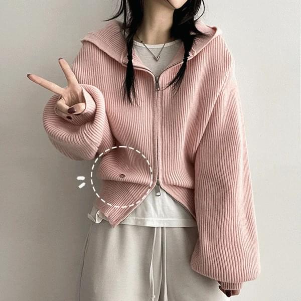 Love Badge Two Way Knitwear Hooded Zip-up