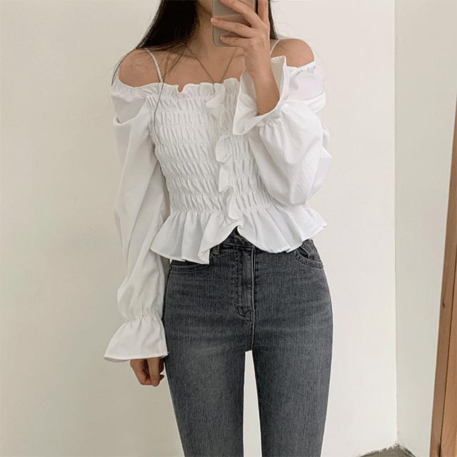 Rosen basic fit ribbon frill smoked blouse